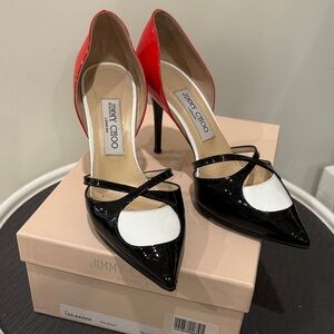 Rare to find Jimmy Choo Black, Red,& White Patent Leather Pumps, Sz 38